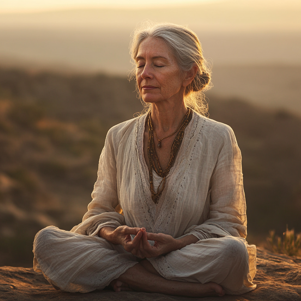 Жінка в позі лотоса на світанку серед природи, медитує з закритими очима