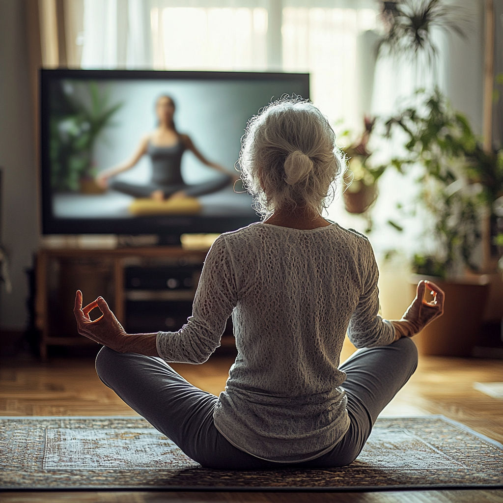 Жінка практикує йогу вдома перед ноутбуком з онлайн заняттям