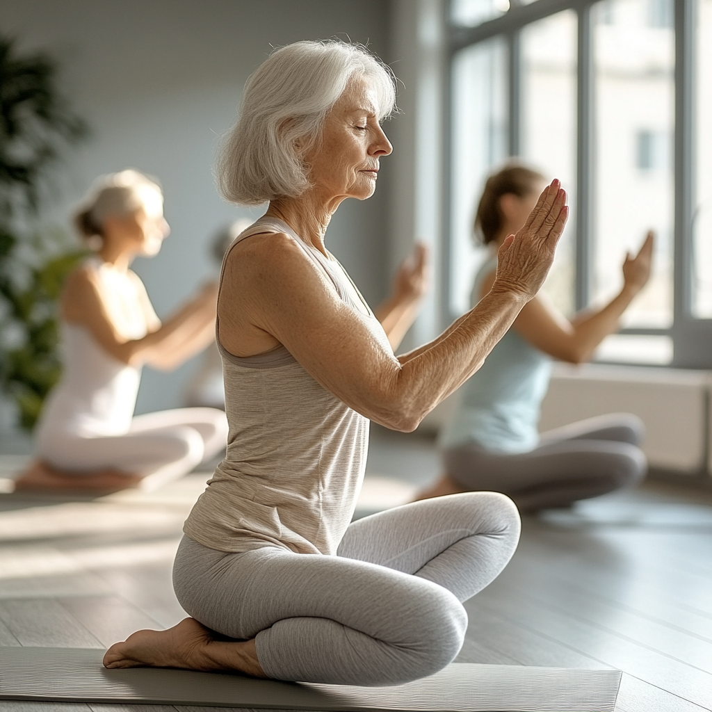 Групове заняття йогою для початківців у світлій студії з інструктором