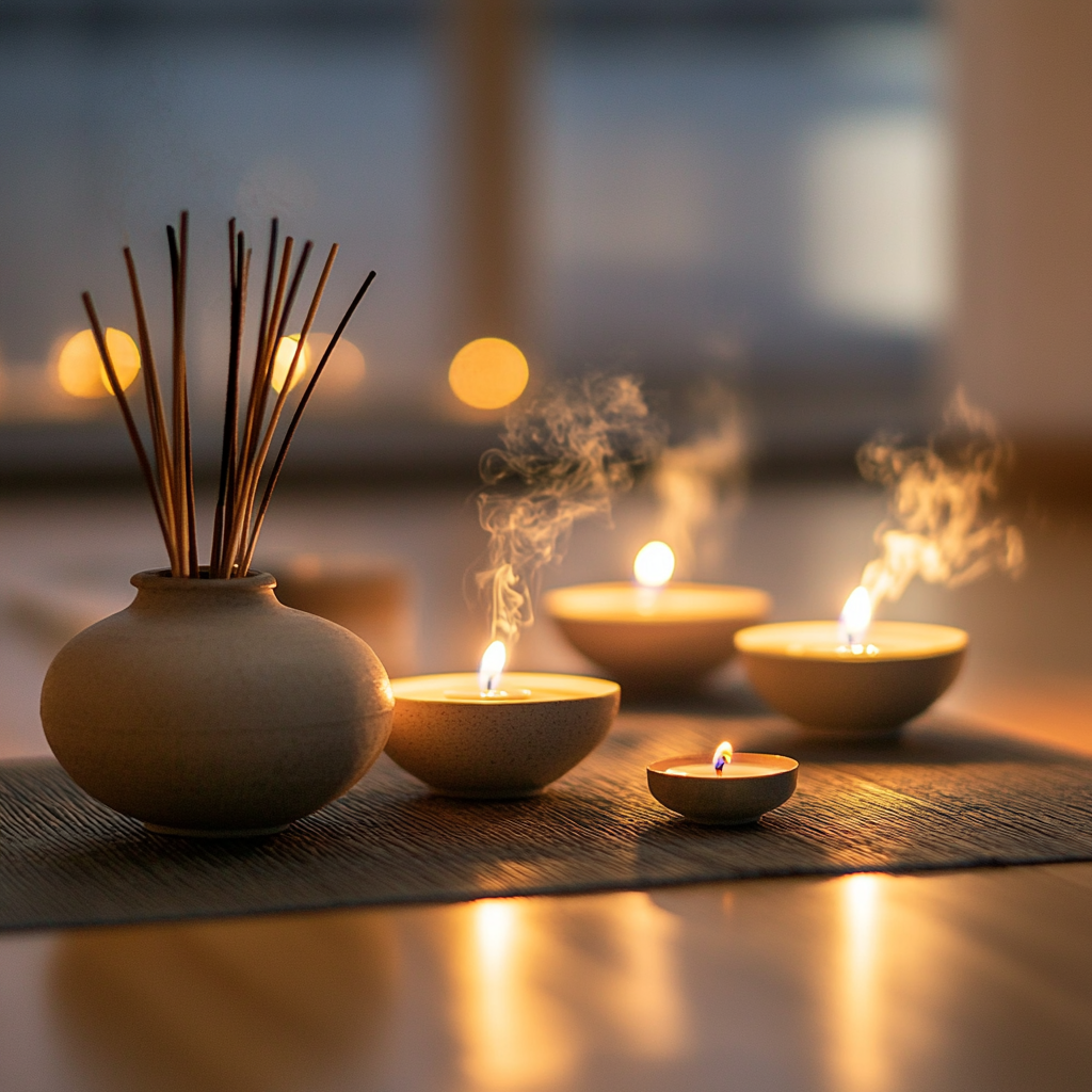 Медитація у тихій кімнаті зі свічками та ароматичними паличками